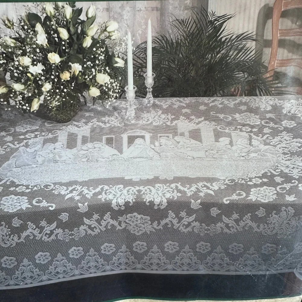 VTG The Last Supper Lace Tablecloth White 60x104 Oblong Religious Easter Decor